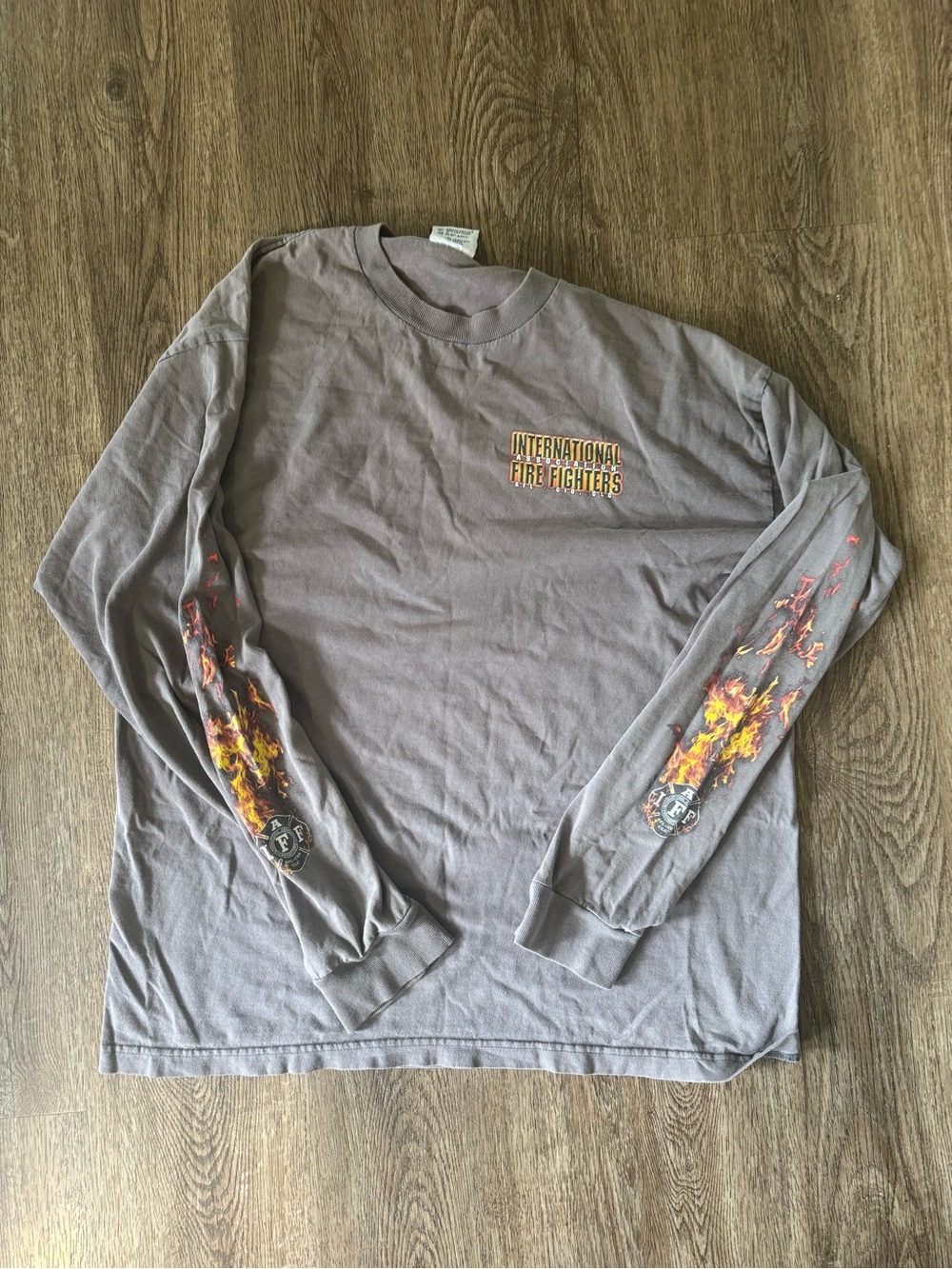 Vintage International Fire Fighters Long Sleeve Tee - Gray with Flame Sleeves
